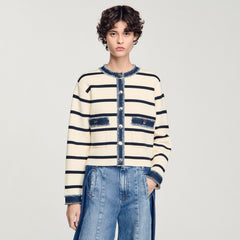 Sandro Women Striped cardigan with denim details