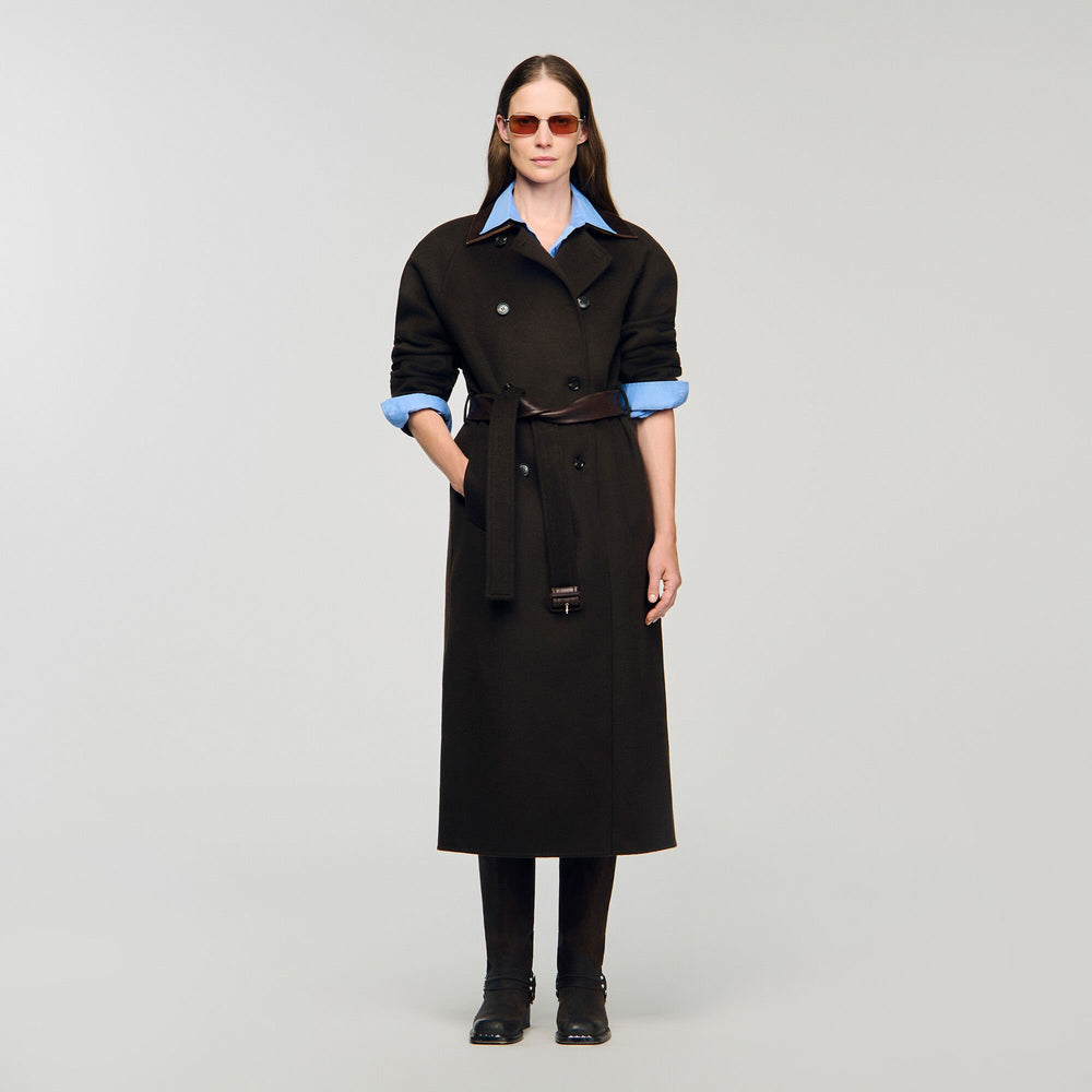 Sandro Women Long wool and leather coat