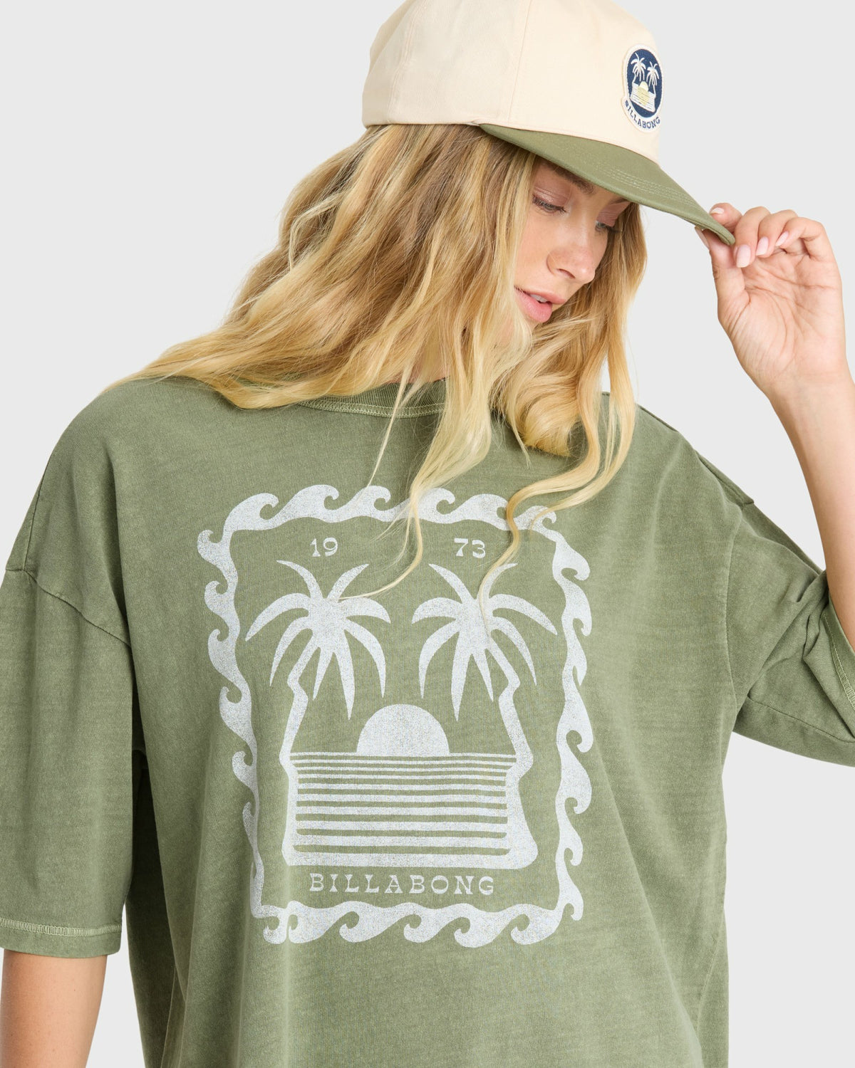 Billabong Women's Wave Stamp Short Sleeve Cotton T-Shirt - Army Green