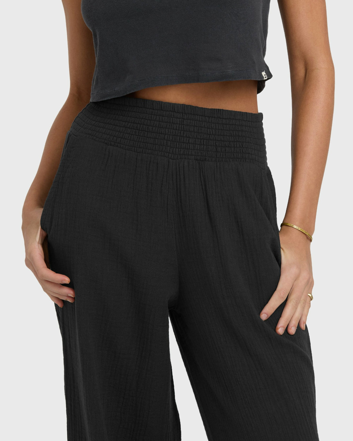 Billabong Women's New Waves Gauze Elastic Waist Pants - Black Sands