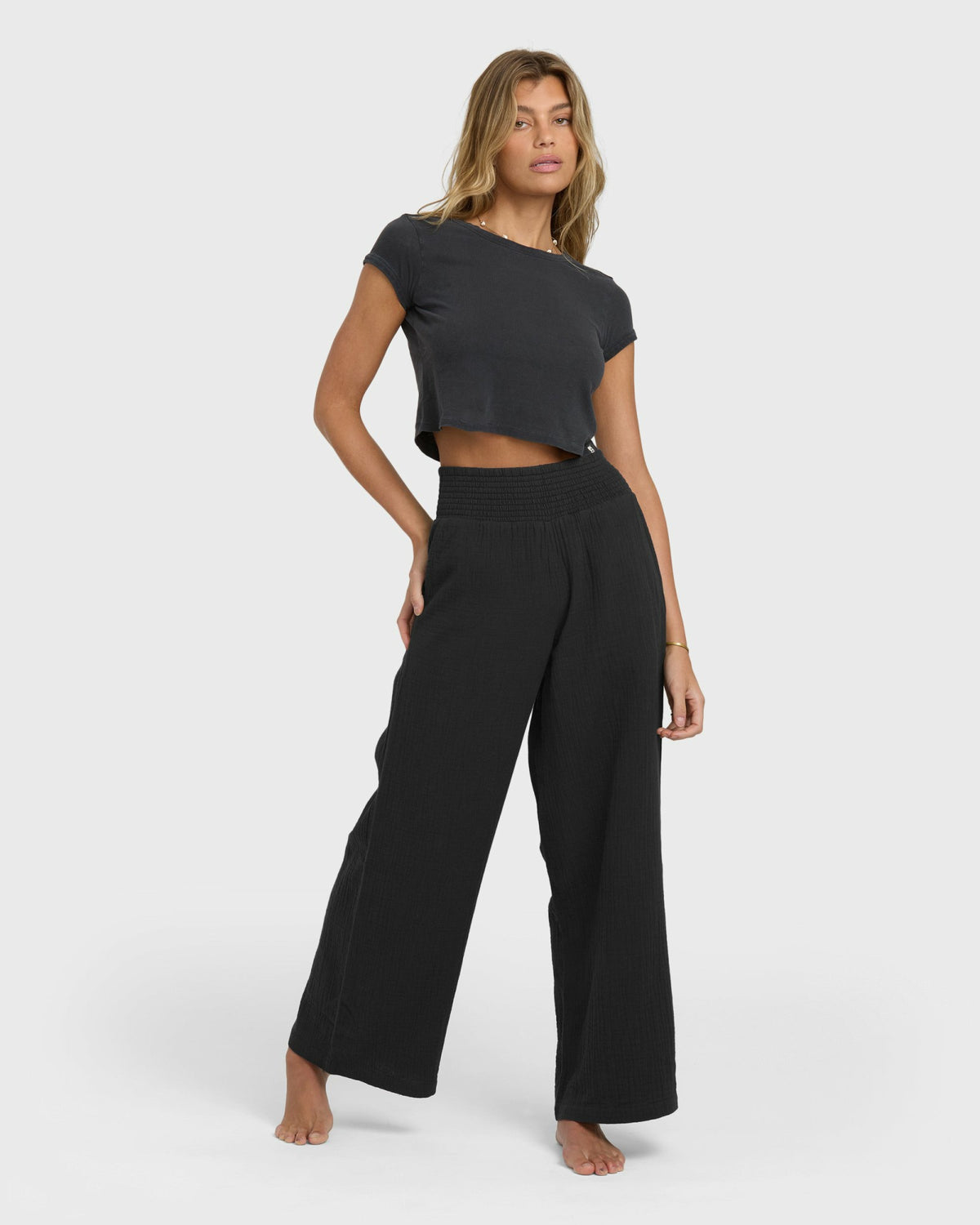 Billabong Women's New Waves Gauze Elastic Waist Pants - Black Sands