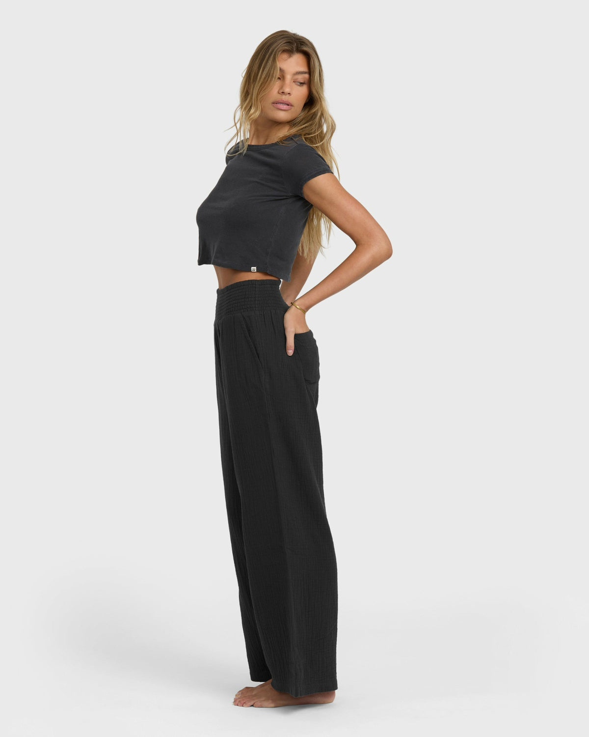 Billabong Women's New Waves Gauze Elastic Waist Pants - Black Sands