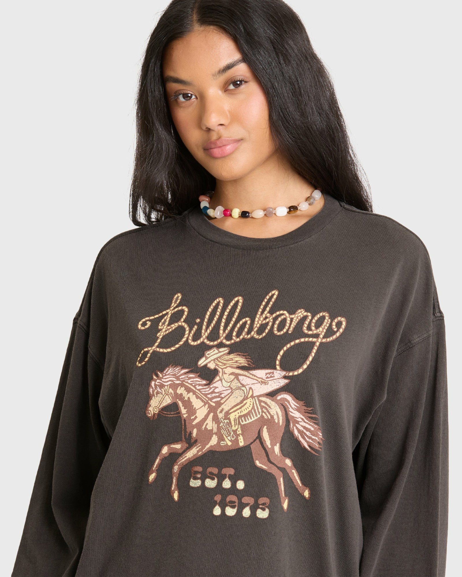 Billabong Women's Familiar Roads Long Sleeve Knit Graphic T-Shirt - Off Black