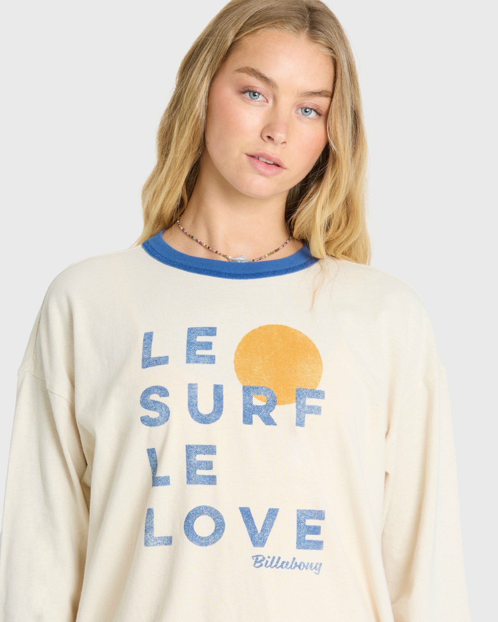 Billabong Women's Le Love Surf Ringer Long Sleeve Cotton T-Shirt - White Cap