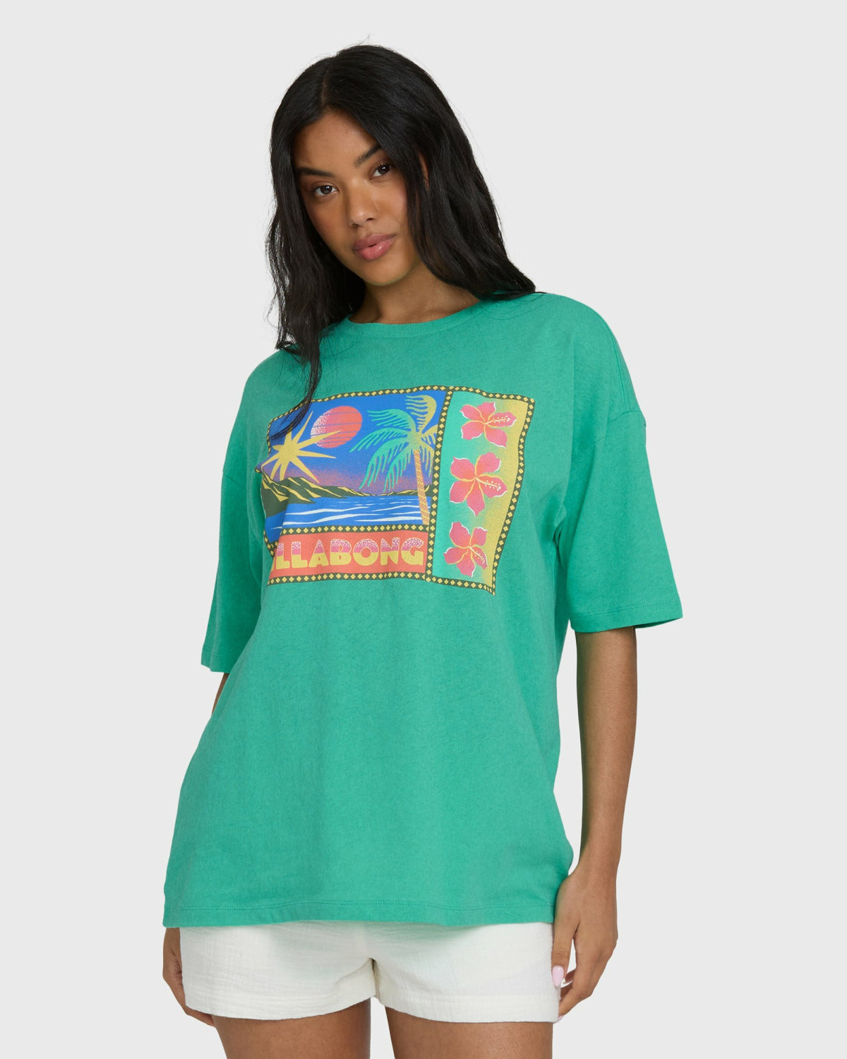Billabong Women's Summer Heat Short Sleeve Knit Graphic T-Shirt - Green Tropics
