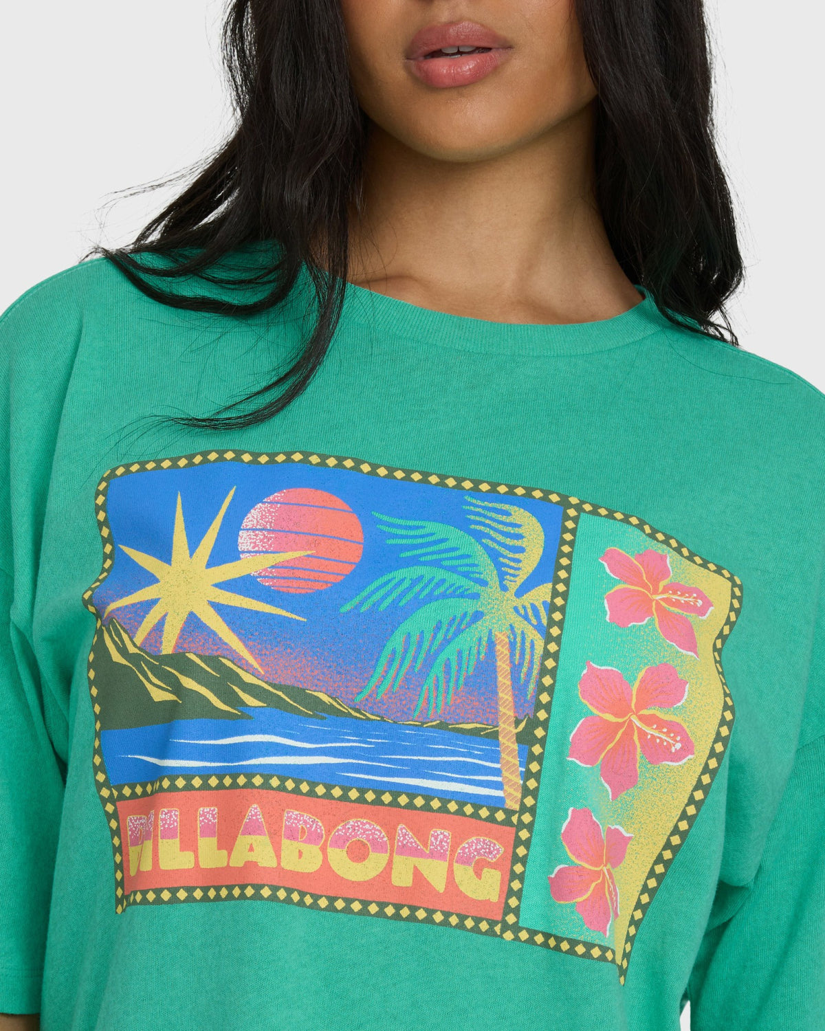 Billabong Women's Summer Heat Short Sleeve Knit Graphic T-Shirt - Green Tropics