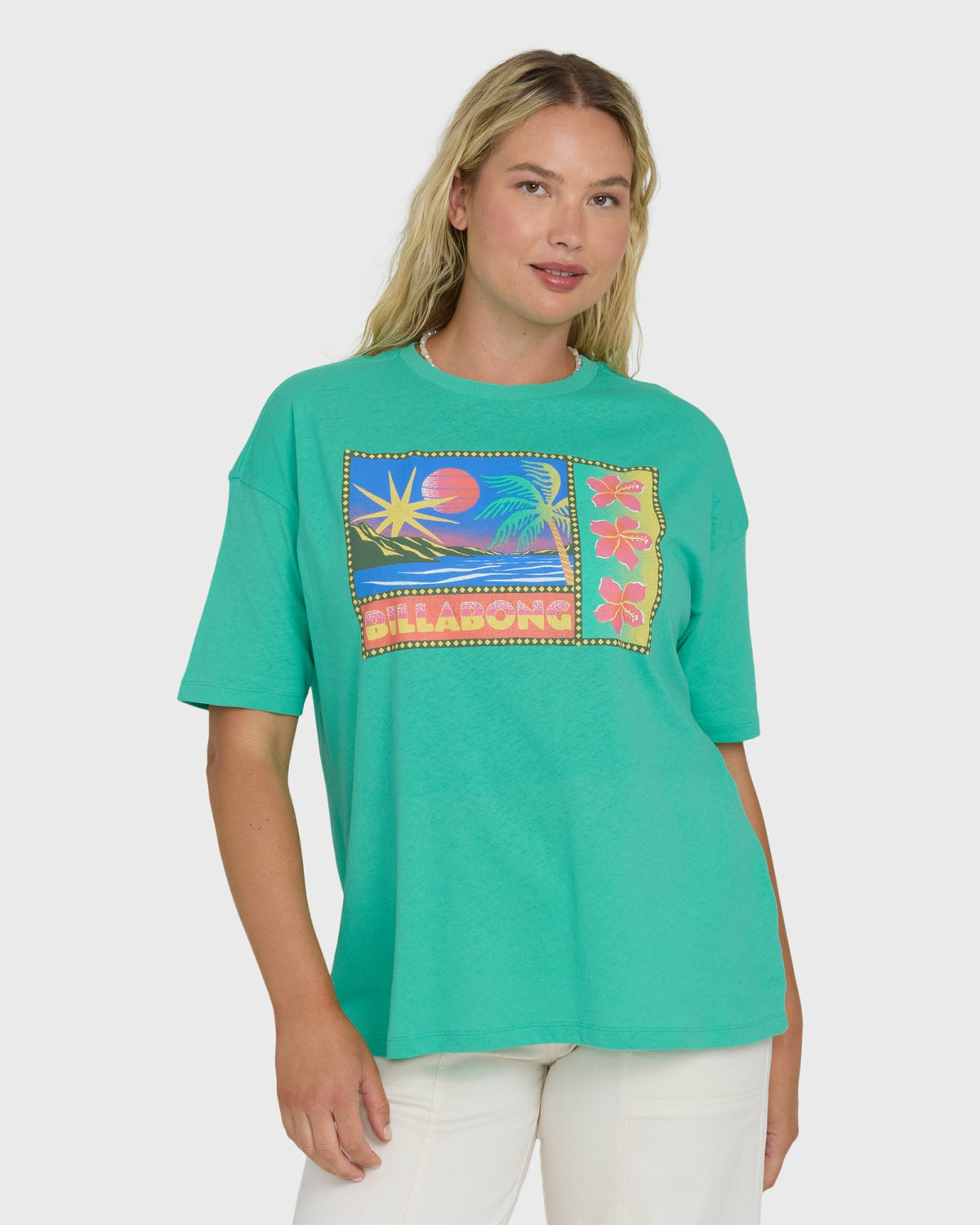 Billabong Women's Summer Heat Short Sleeve Knit Graphic T-Shirt - Green Tropics