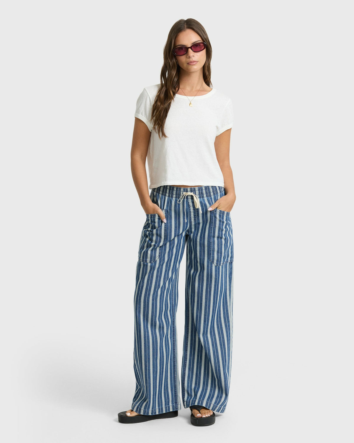 Billabong Women's Zonte Elastic Waist Saltwashed Denim Pants - Blue Smoke