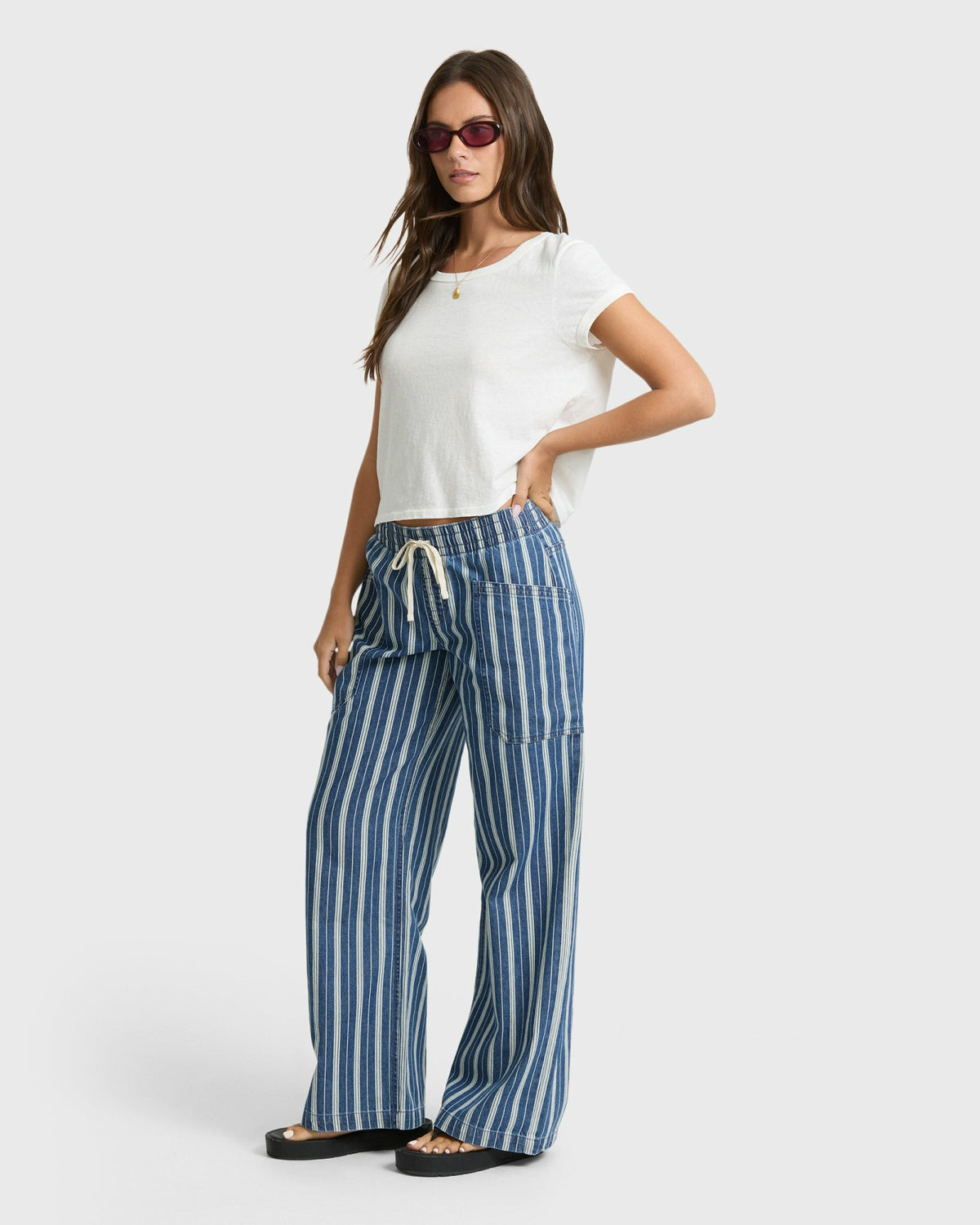 Billabong Women's Zonte Elastic Waist Saltwashed Denim Pants - Blue Smoke