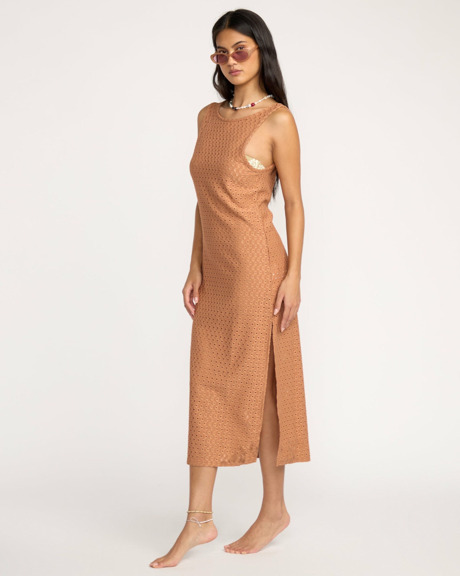 Billabong Women's Eyelet Sun Midi Dress Beach Coverup - Rose Brown