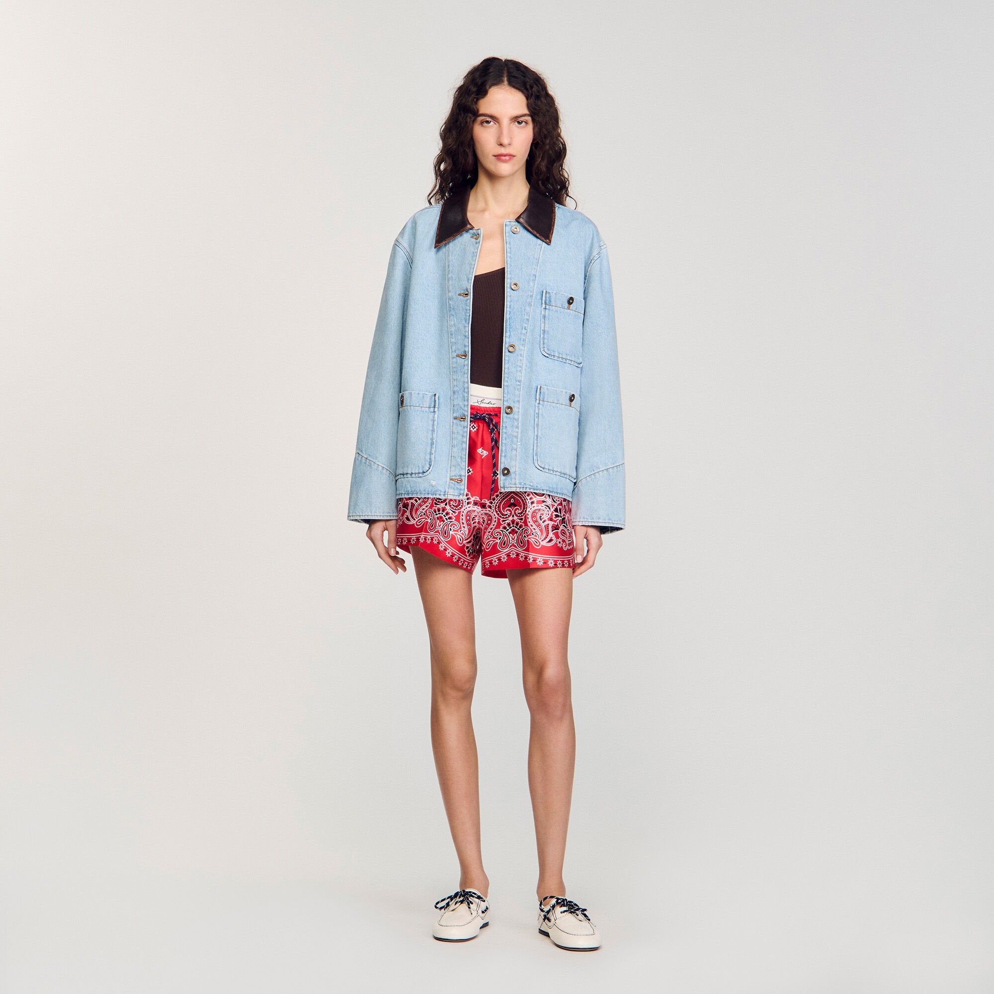Sandro Women Denim jacket with leather collar