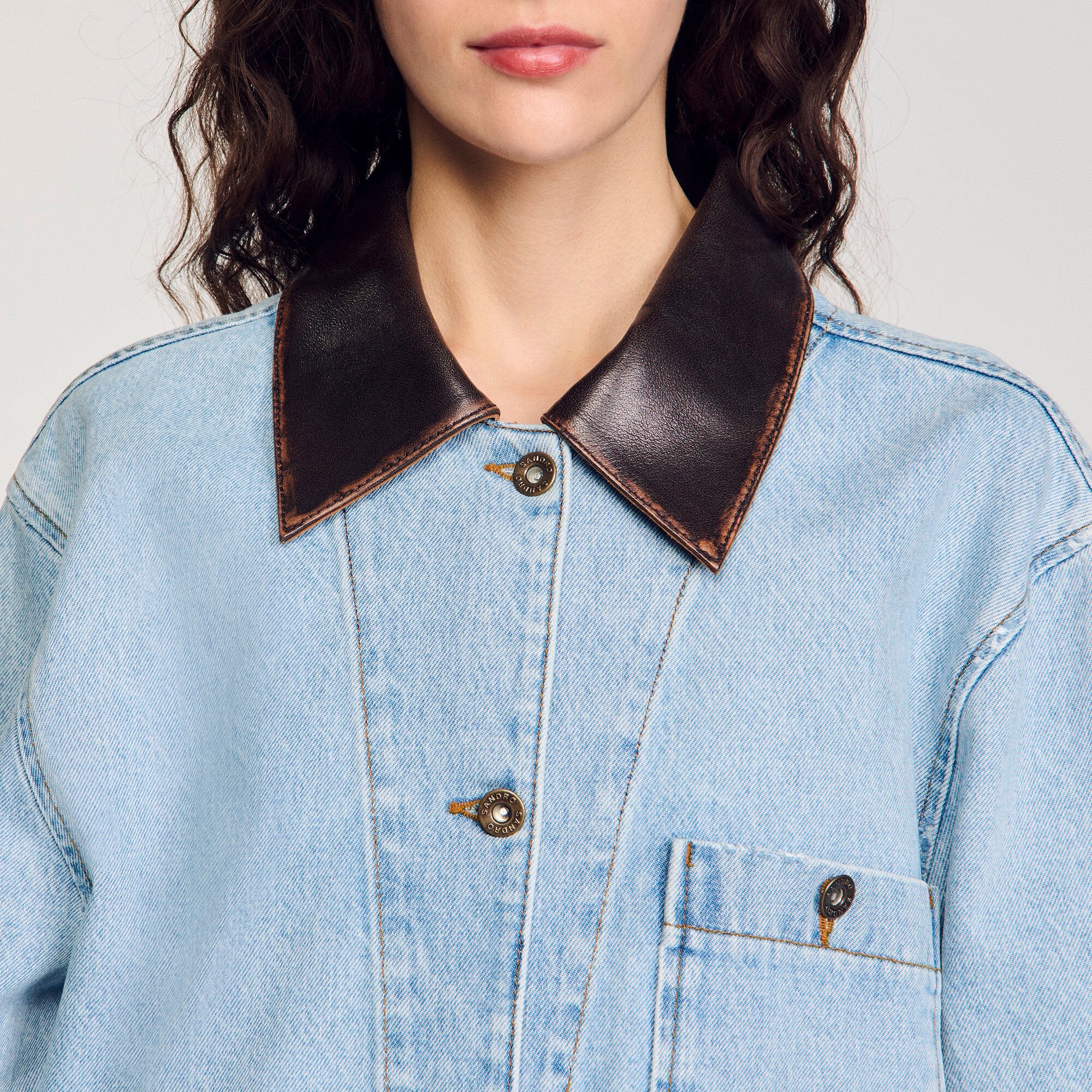 Sandro Women Denim jacket with leather collar