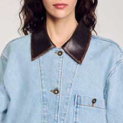 Sandro Women Denim jacket with leather collar