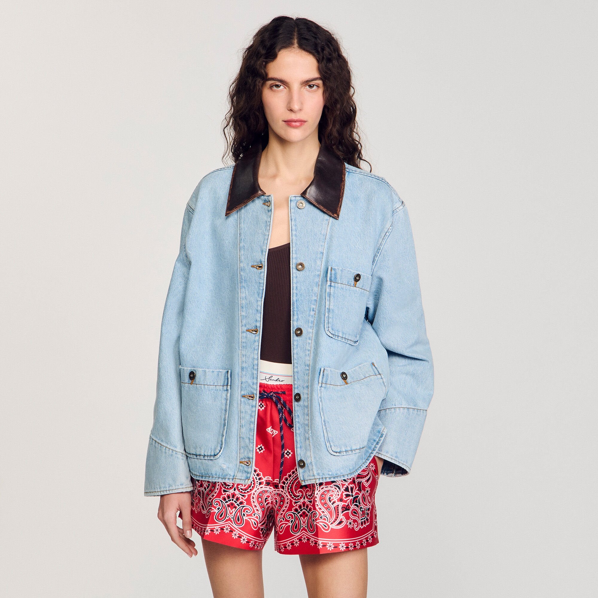 Sandro Women Denim jacket with leather collar