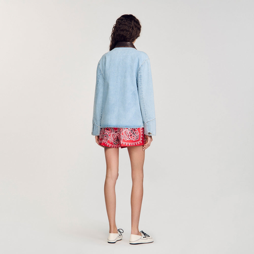 Sandro Women Denim jacket with leather collar