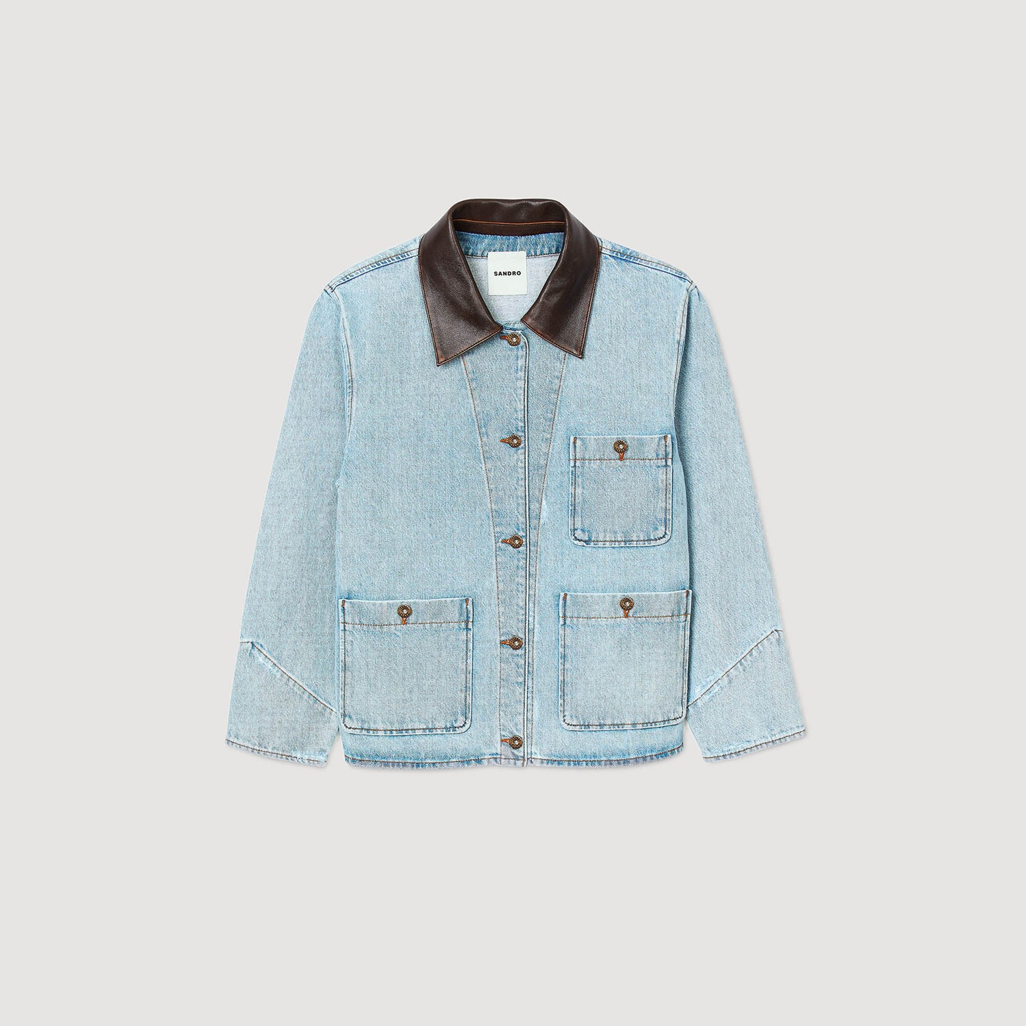 Sandro Women Denim jacket with leather collar