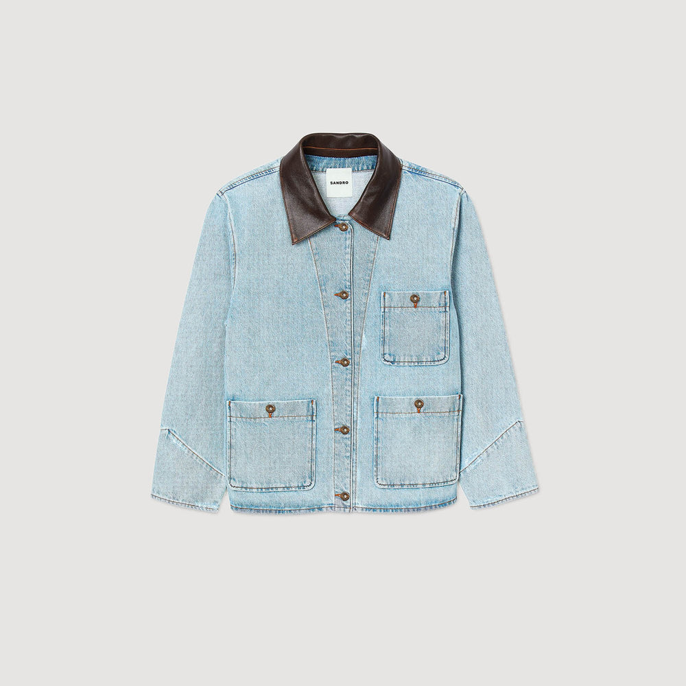 Sandro Women Denim jacket with leather collar