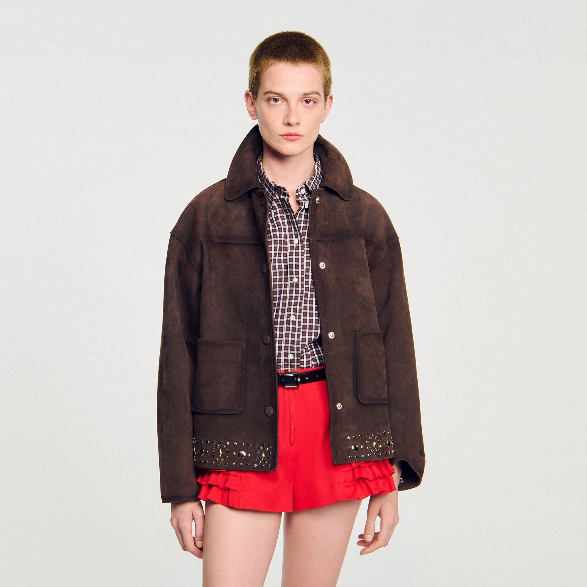 Sandro Women Studded suede leather jacket