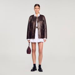 Sandro Women Long distressed leather jacket