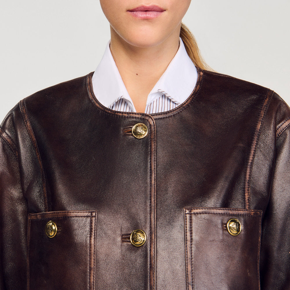 Sandro Women Long distressed leather jacket