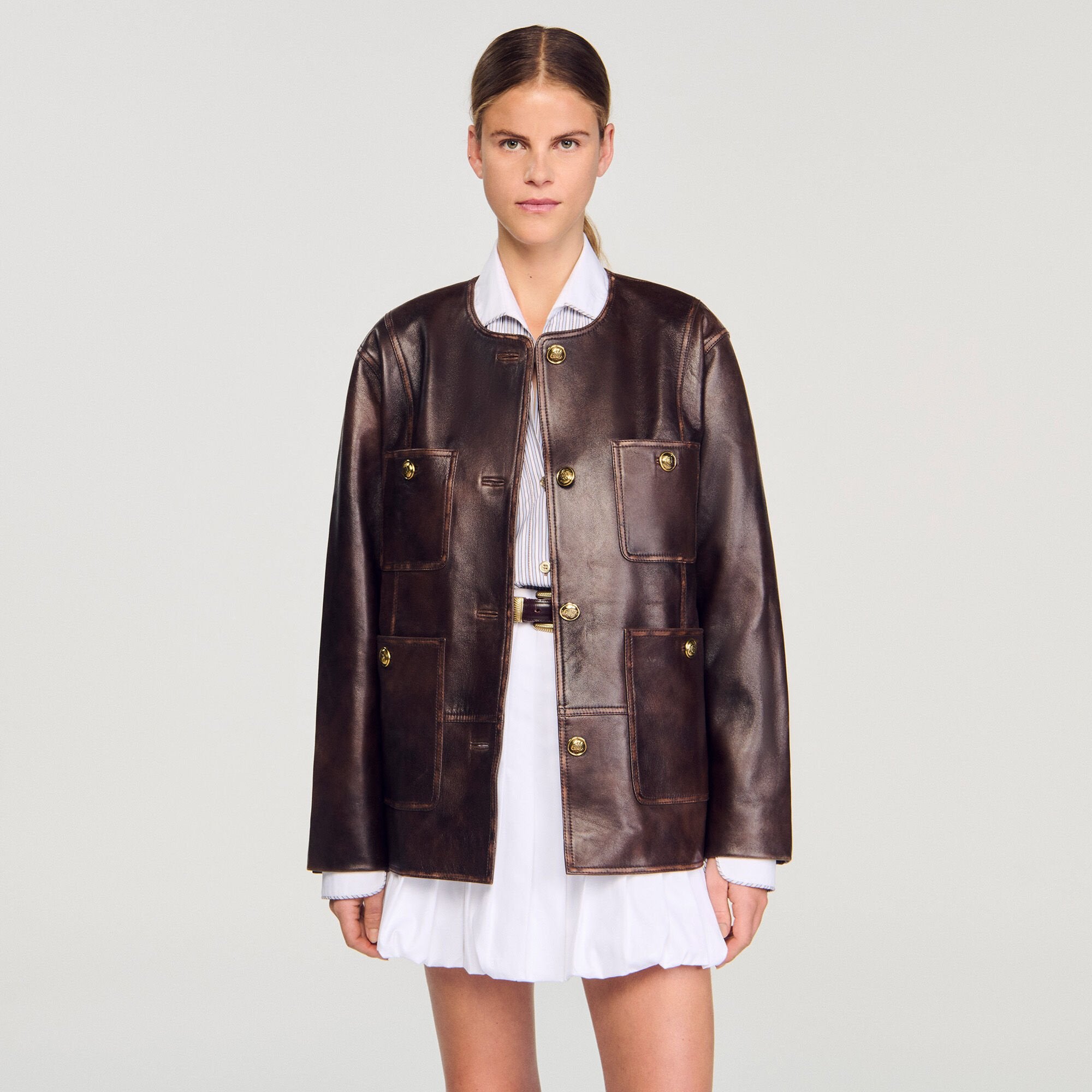 Sandro Women Long distressed leather jacket