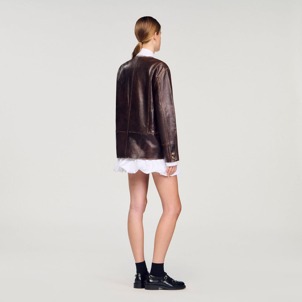 Sandro Women Long distressed leather jacket
