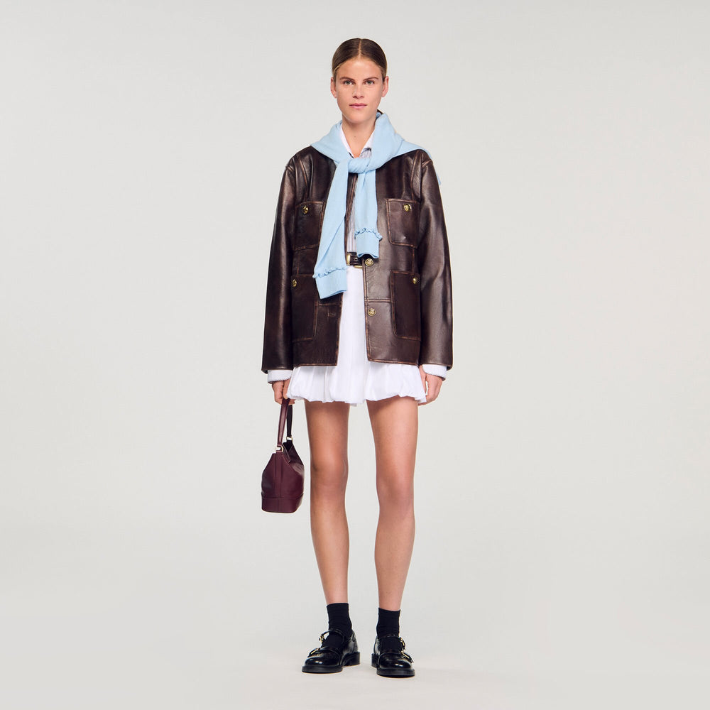 Sandro Women Long distressed leather jacket