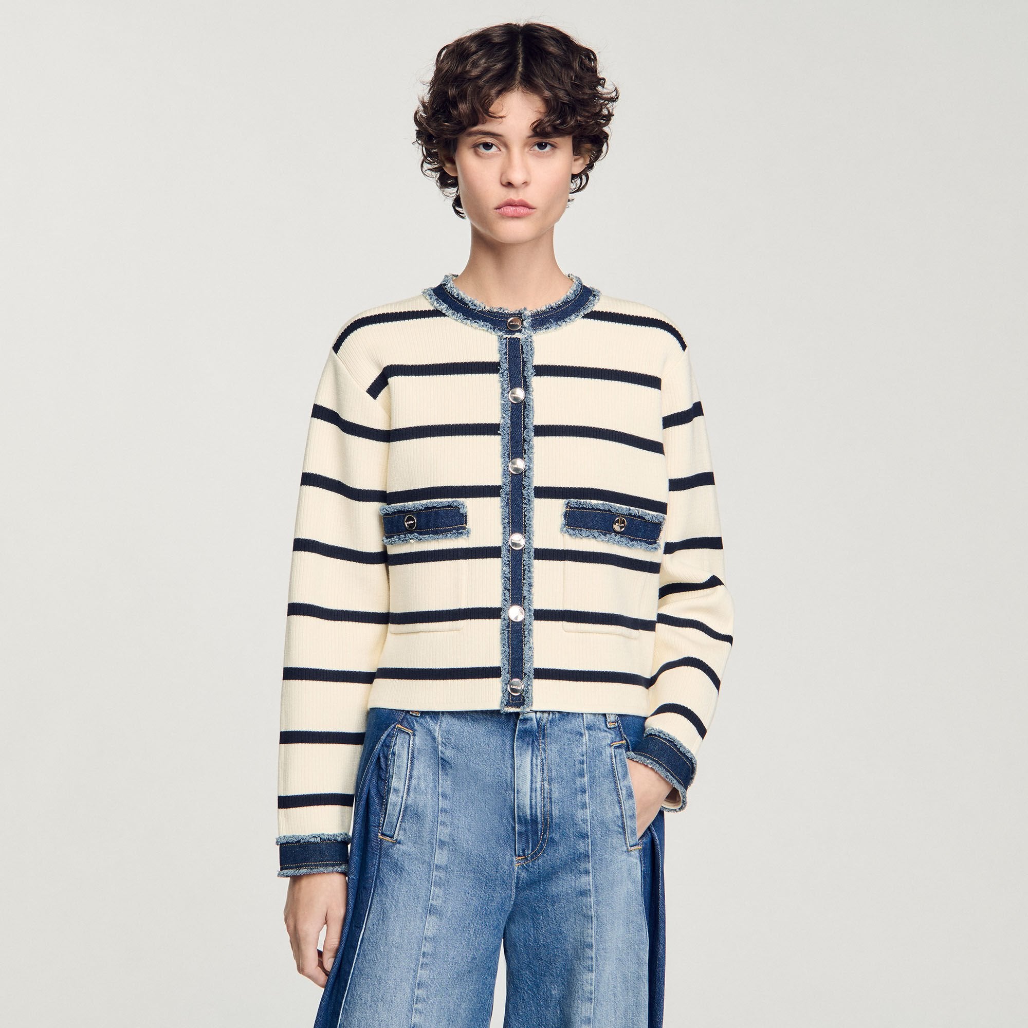 Sandro Women Striped cardigan with denim details