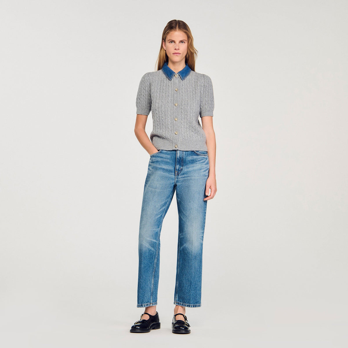 Sandro Women Cardigan with denim collar
