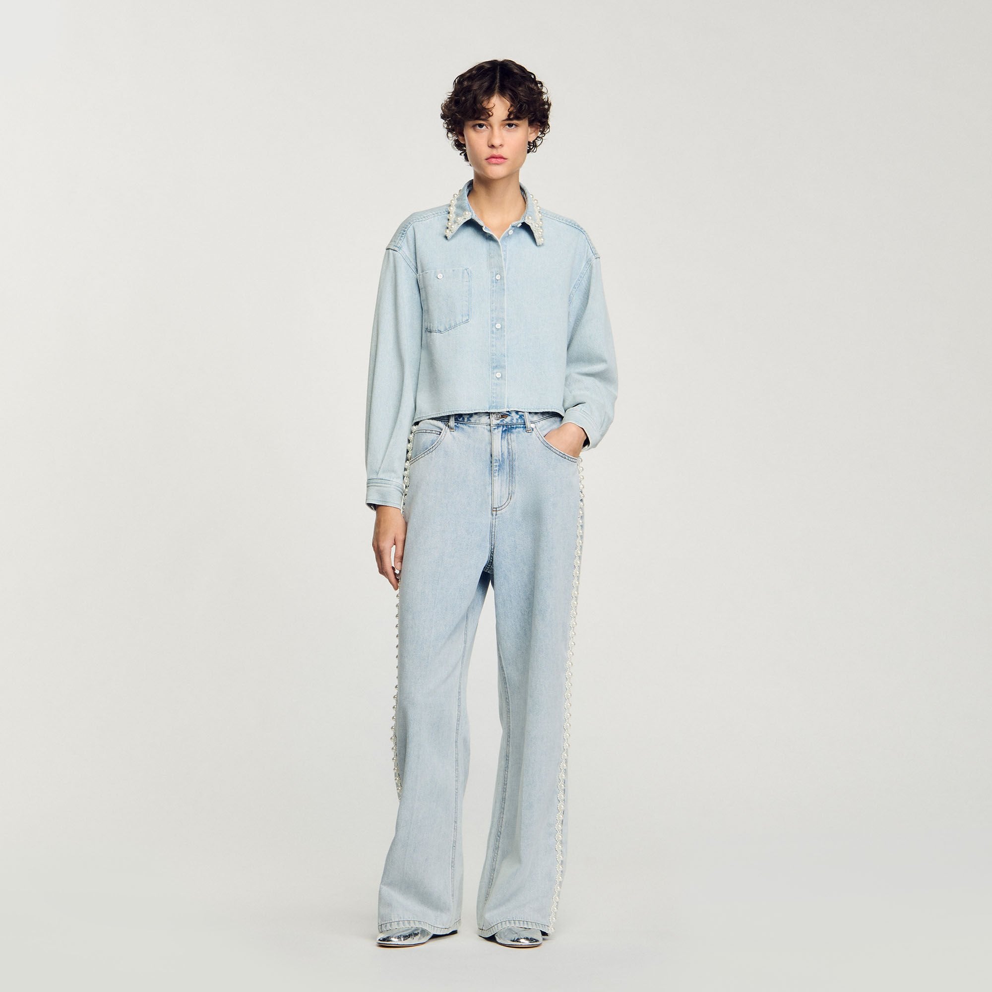 Sandro Women Denim shirt with beaded collar