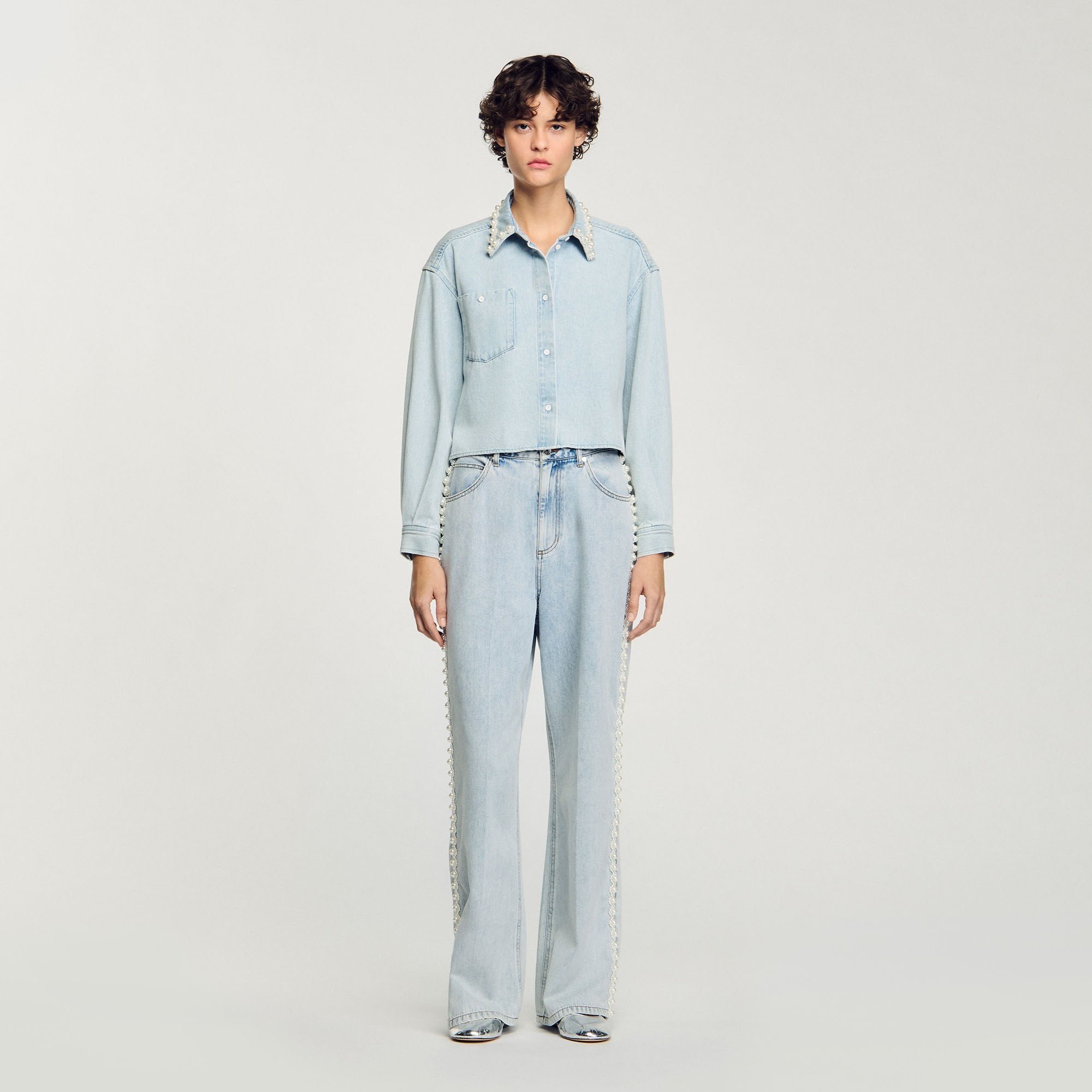 Sandro Women Denim shirt with beaded collar