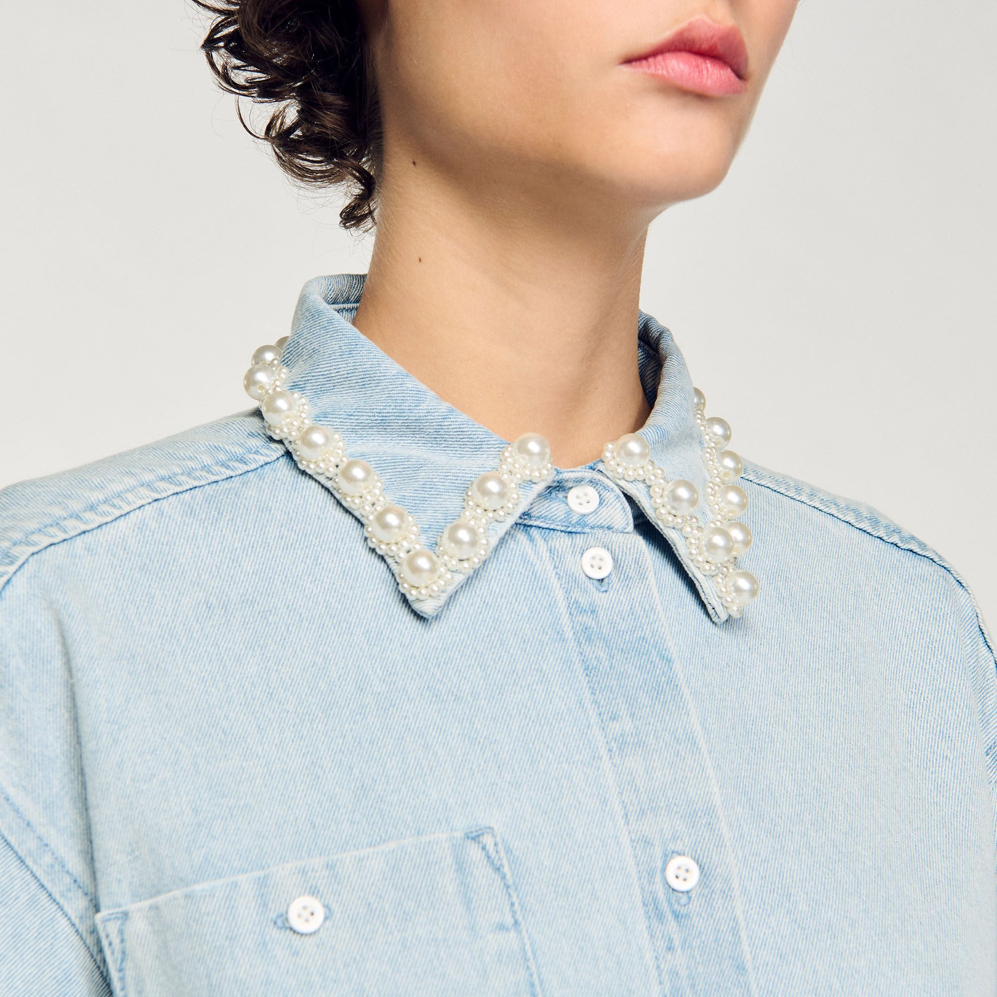 Sandro Women Denim shirt with beaded collar