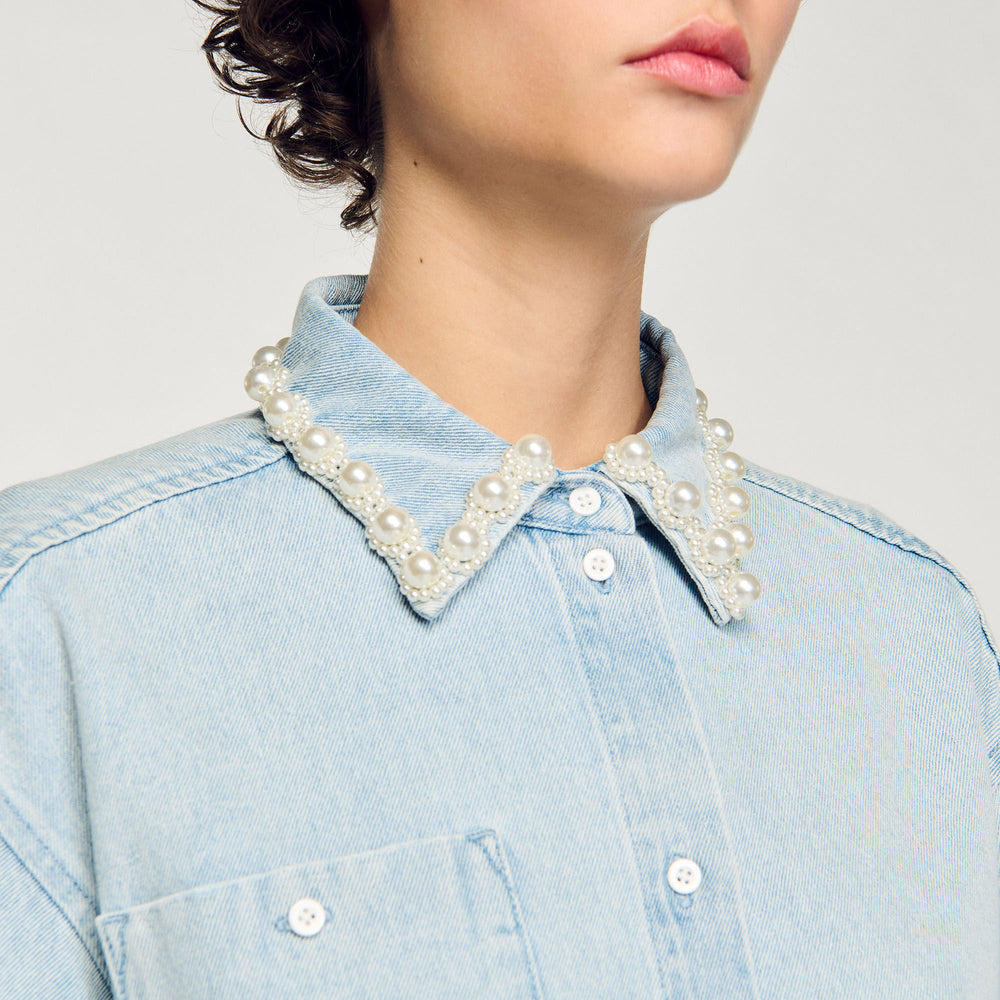 Sandro Women Denim shirt with beaded collar