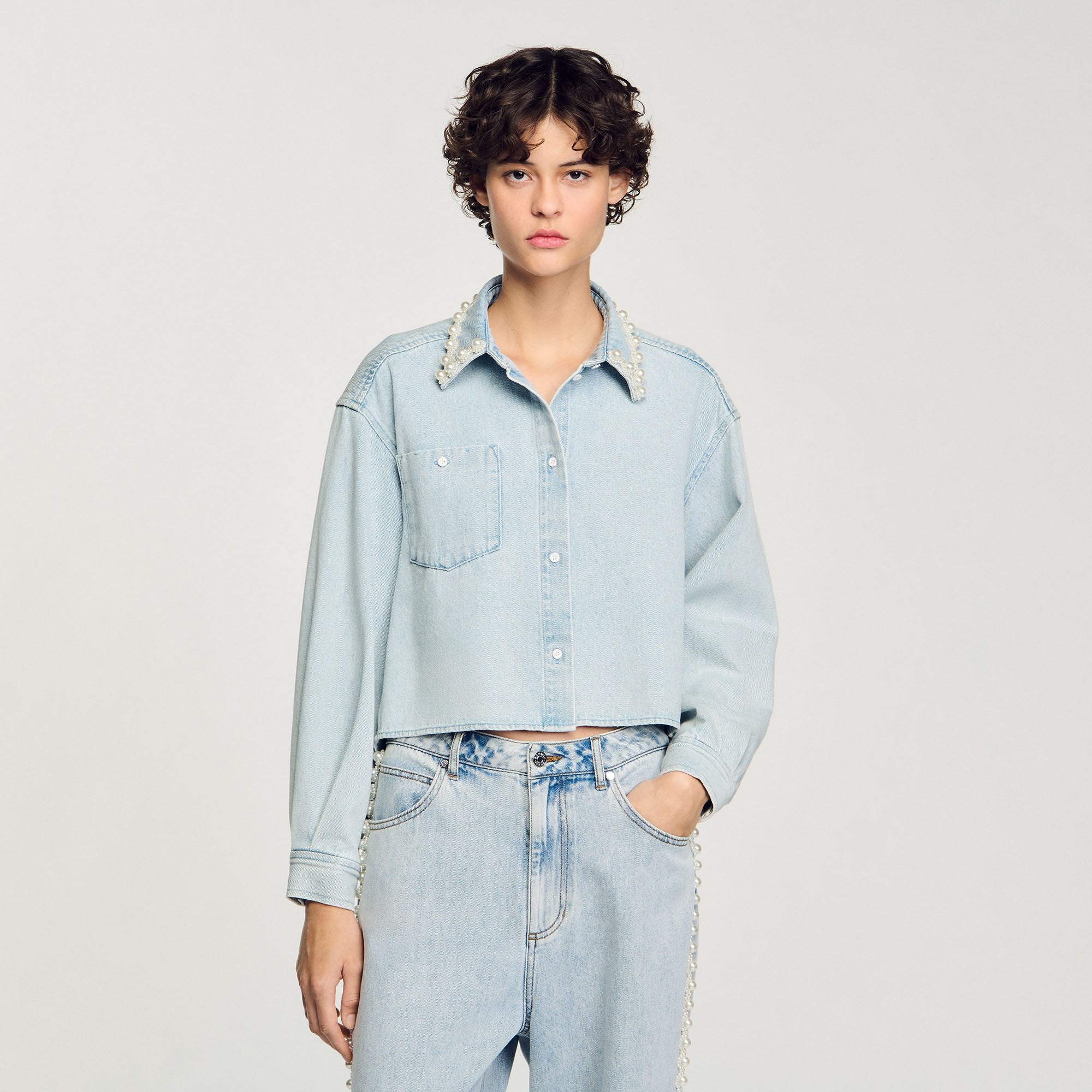 Sandro Women Denim shirt with beaded collar