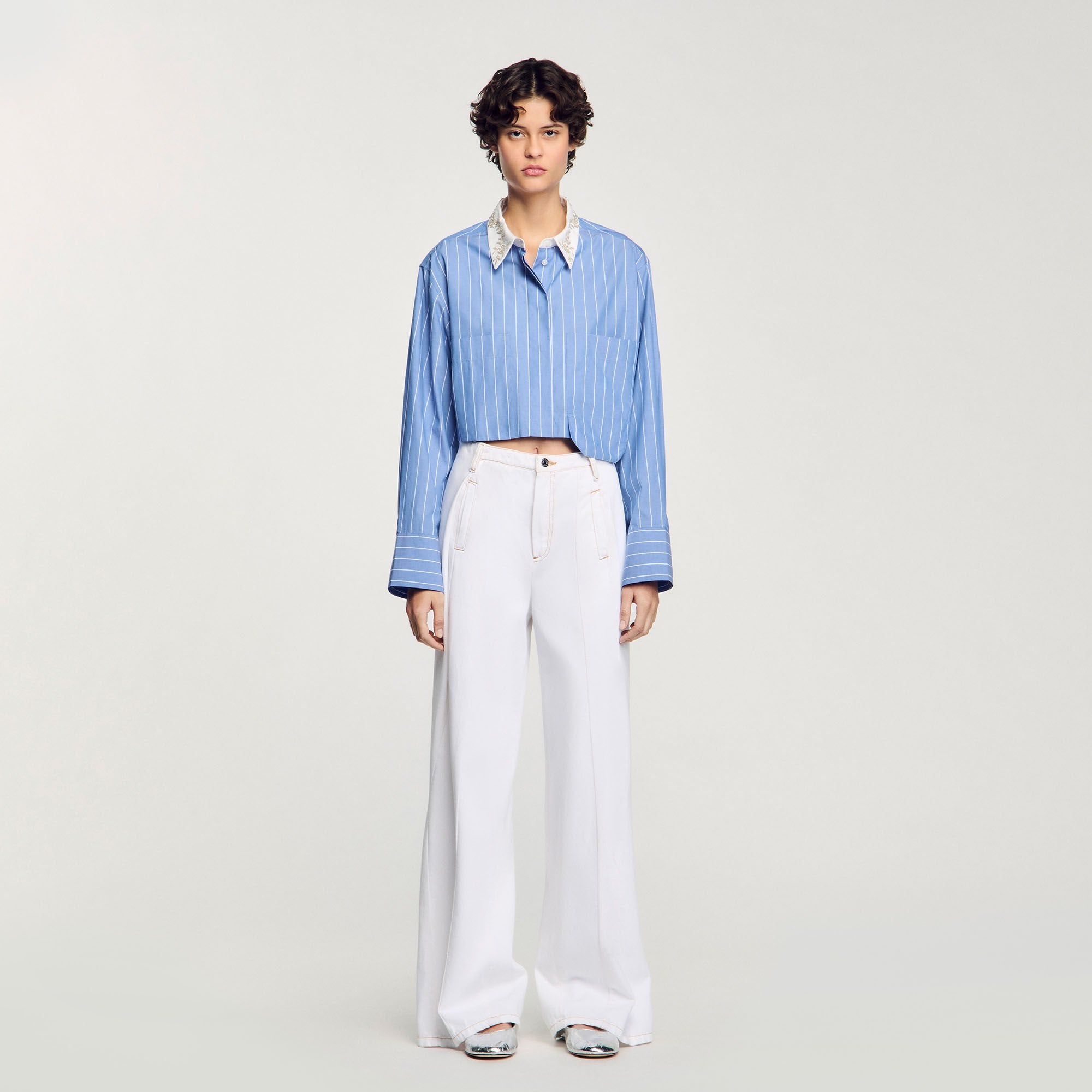 Sandro Women Striped cropped shirt with rhinestone