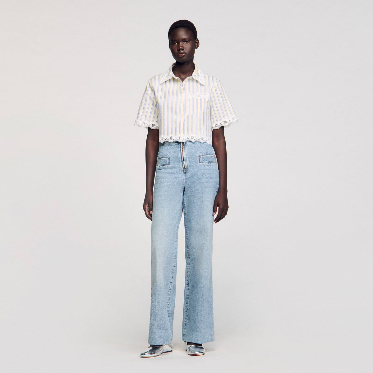 Sandro Women Striped cropped shirt with lace trim
