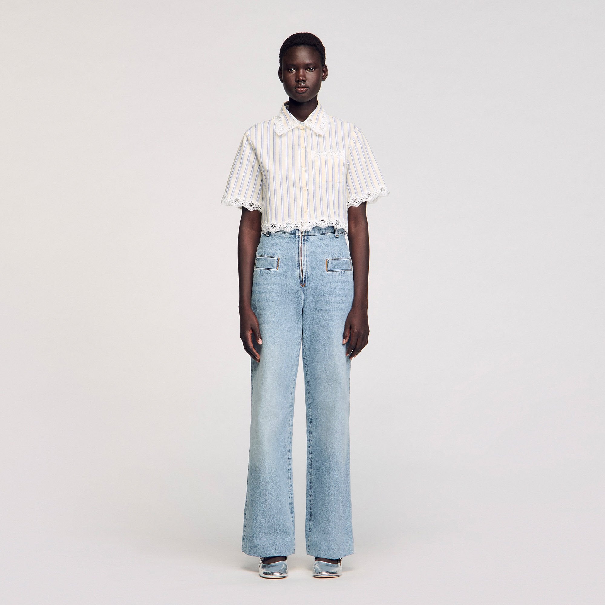 Sandro Women Striped cropped shirt with lace trim