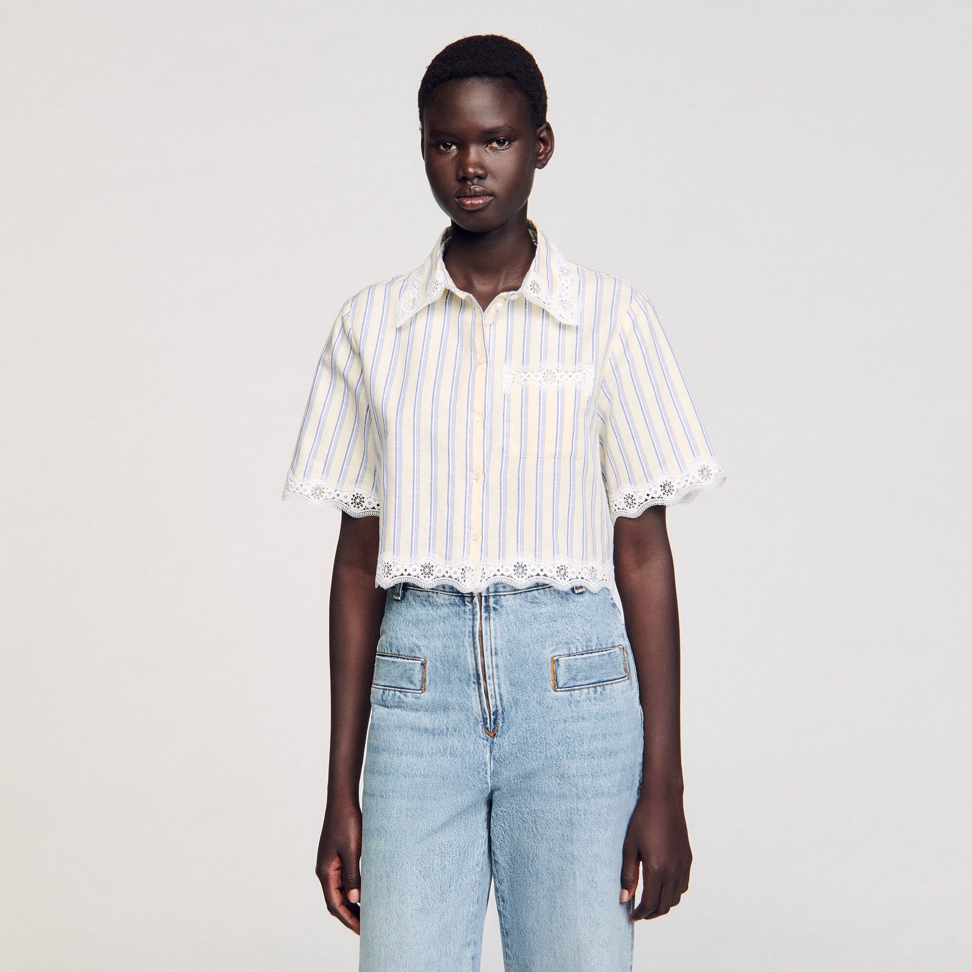 Sandro Women Striped cropped shirt with lace trim