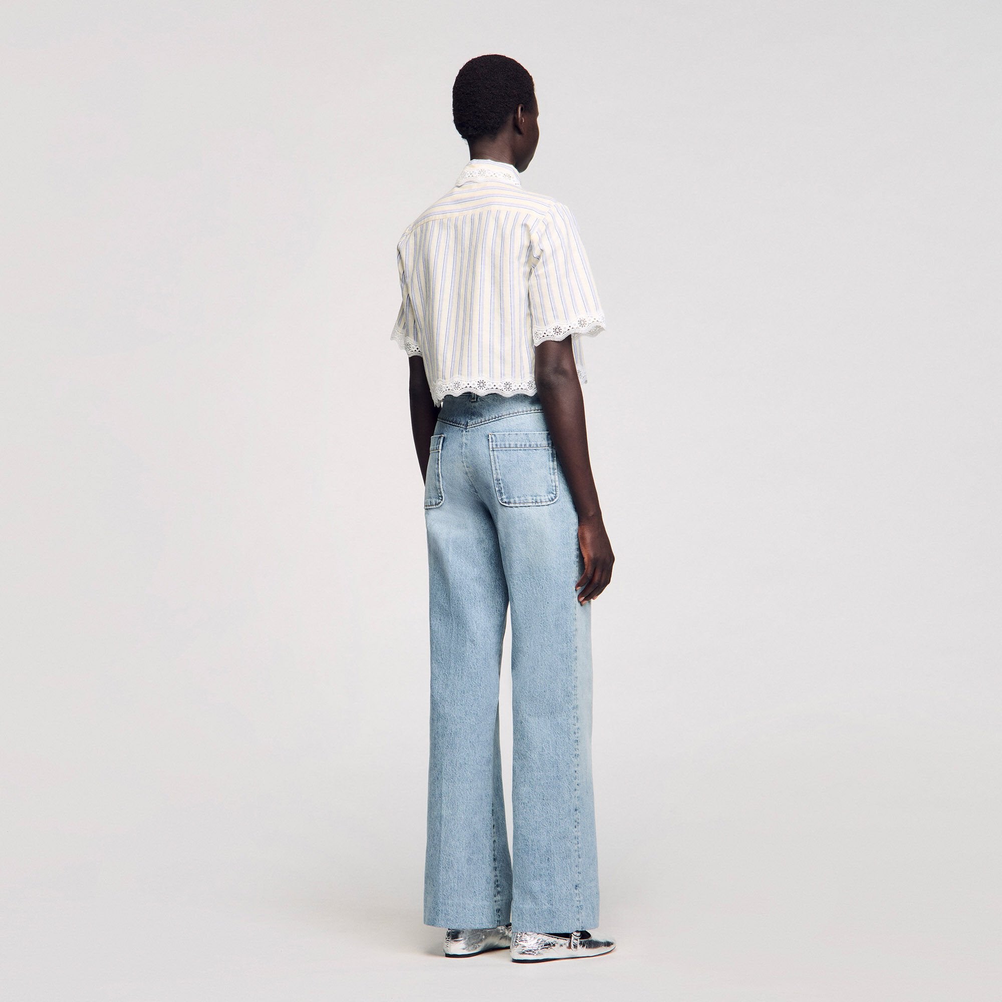 Sandro Women Striped cropped shirt with lace trim