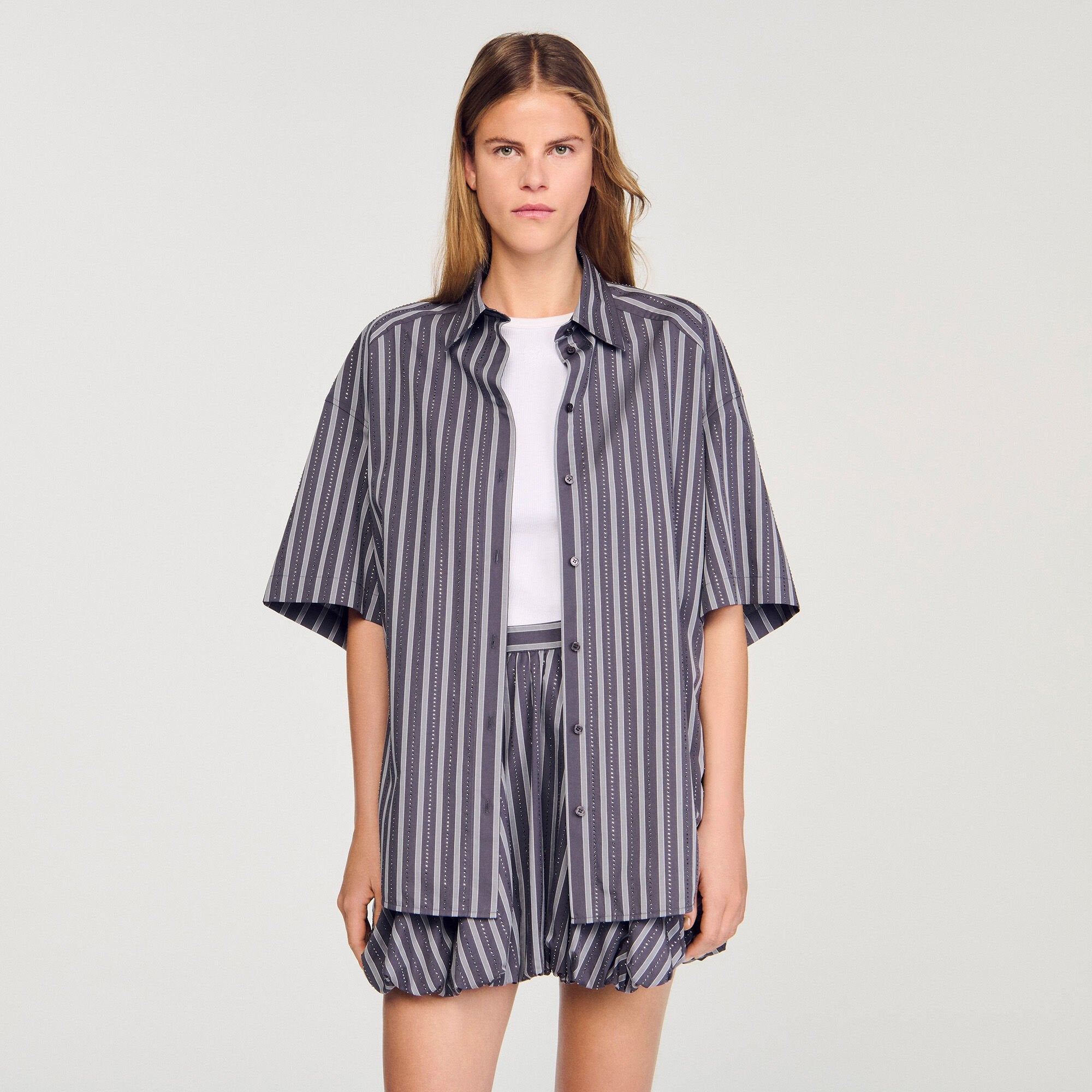 Sandro Women Oversized striped rhinestone shirt
