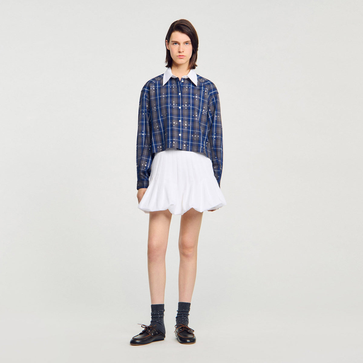Sandro Women Rhinestone checkered collar shirt