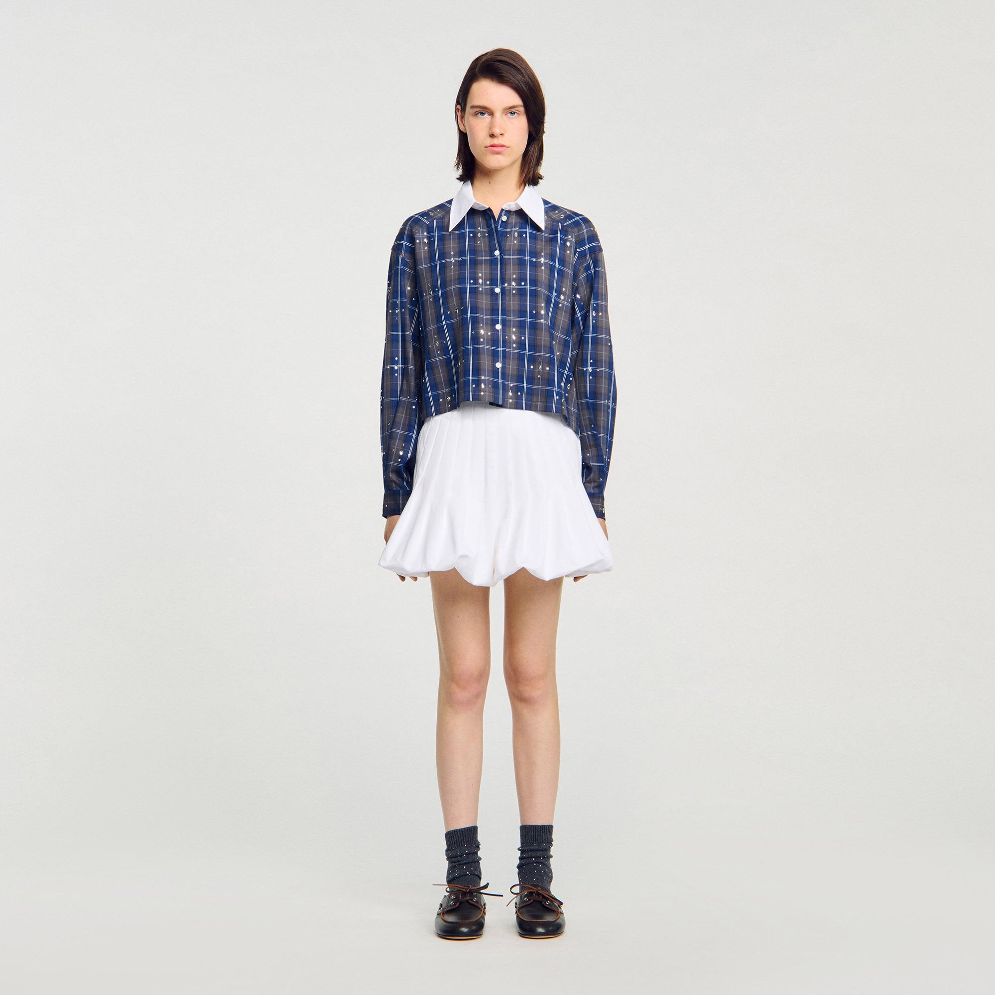 Sandro Women Rhinestone checkered collar shirt
