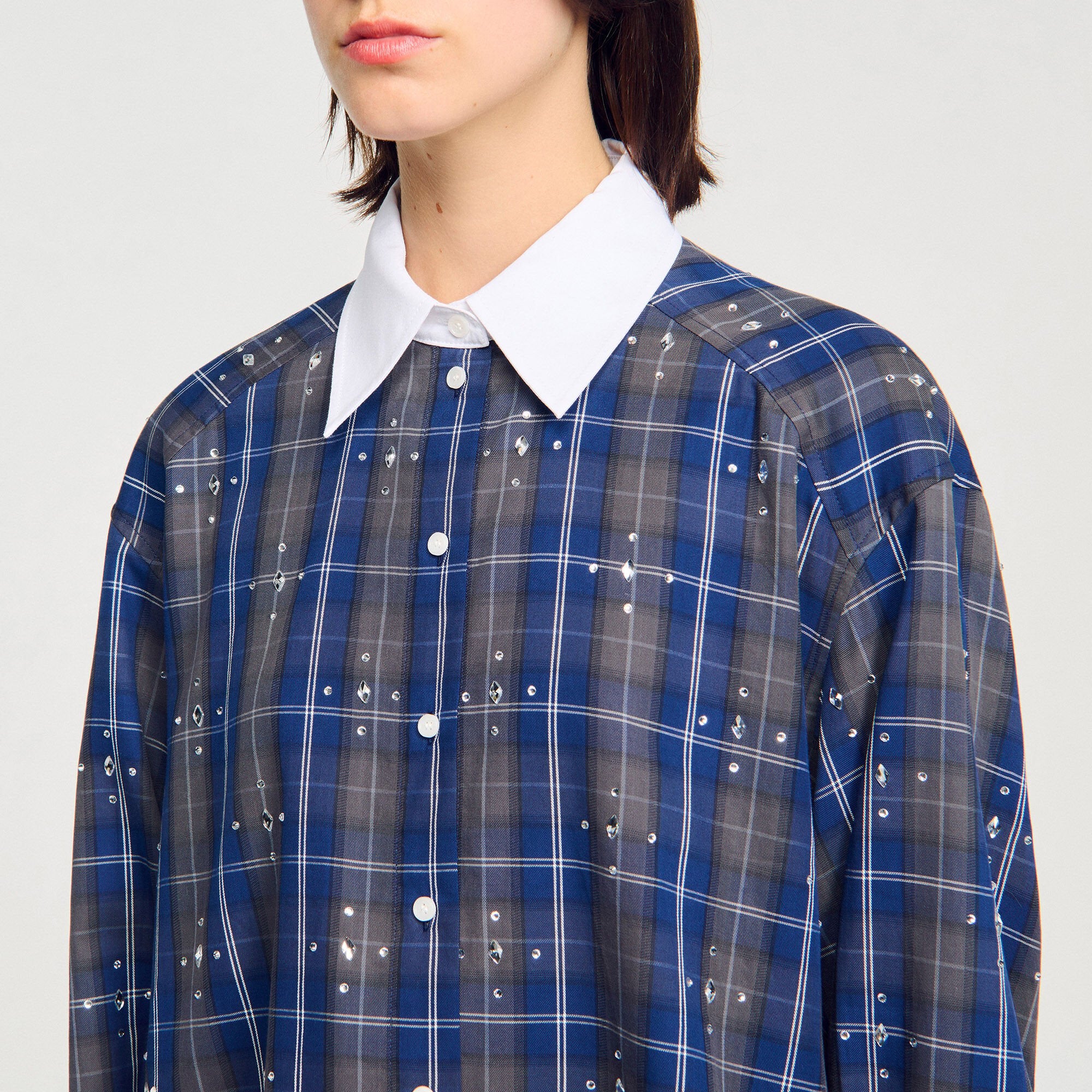 Sandro Women Rhinestone checkered collar shirt