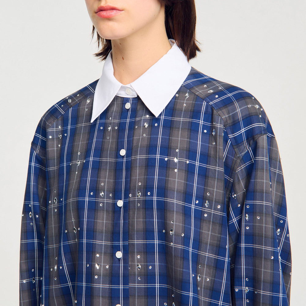 Sandro Women Rhinestone checkered collar shirt