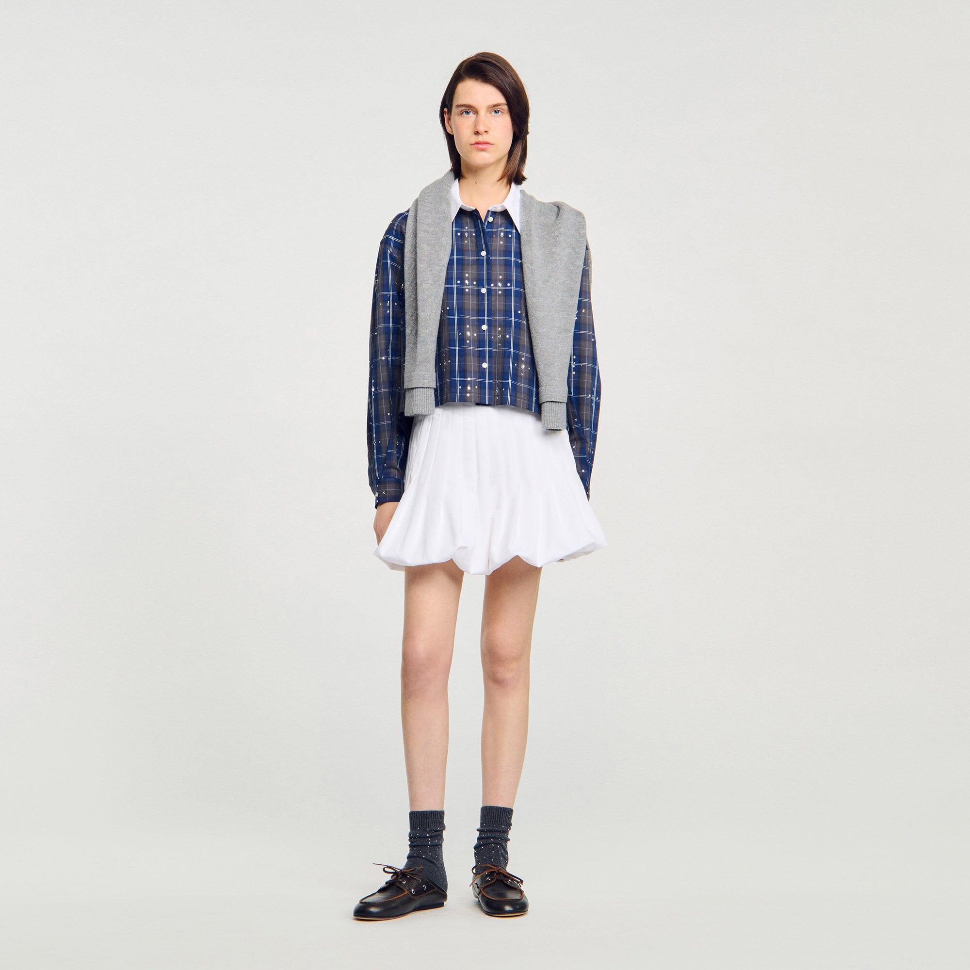 Sandro Women Rhinestone checkered collar shirt