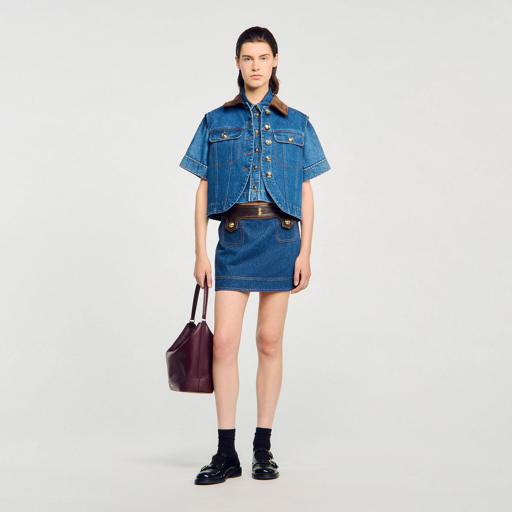 Sandro Women Mini denim and leather skirt