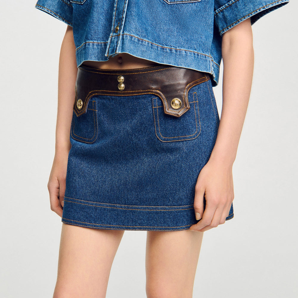 Sandro Women Mini denim and leather skirt