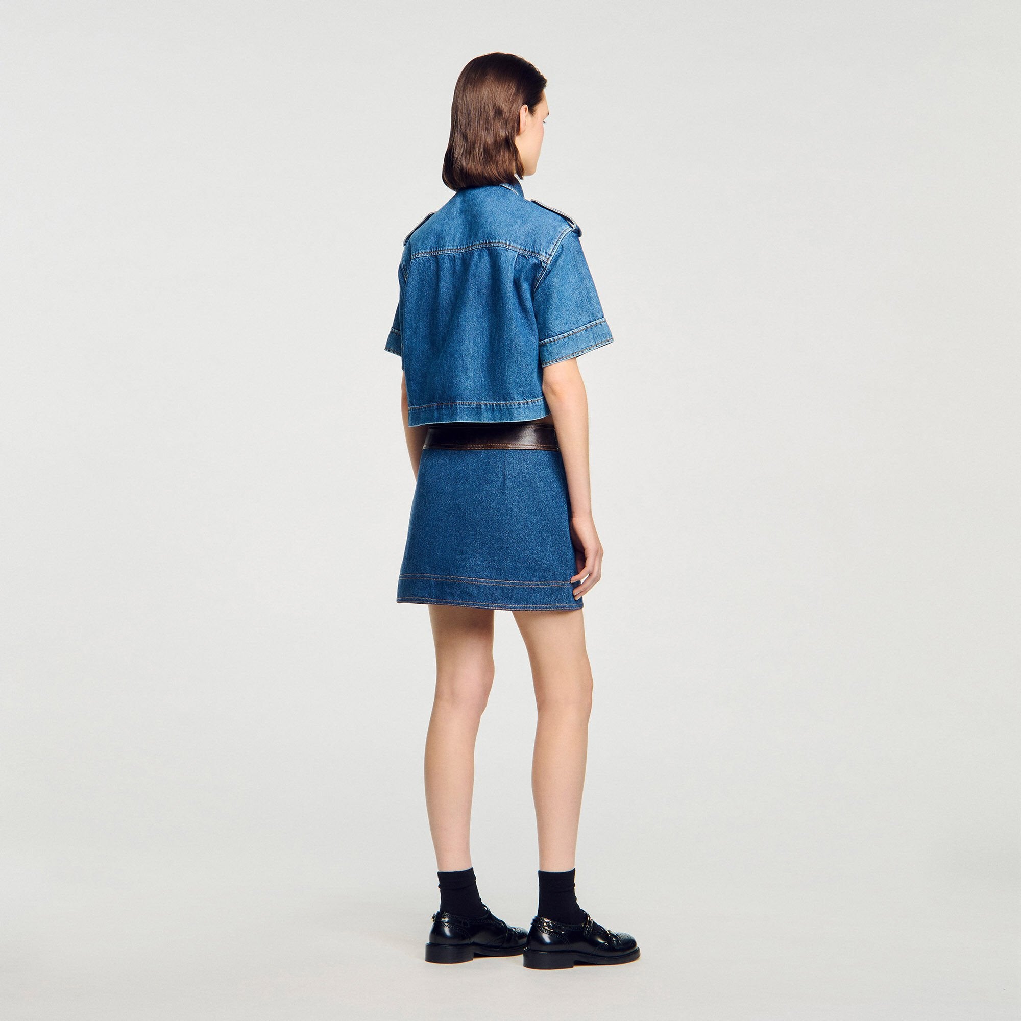 Sandro Women Mini denim and leather skirt