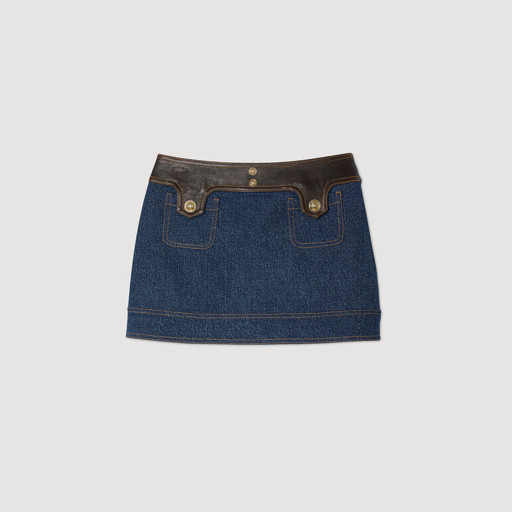 Sandro Women Mini denim and leather skirt