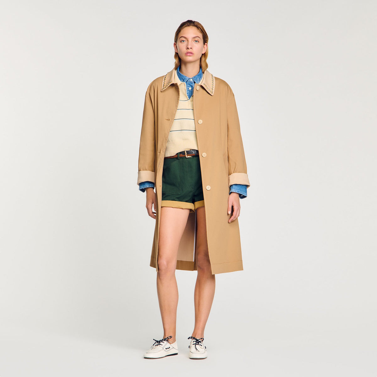 Sandro Women Trench coat with rhinestone collar